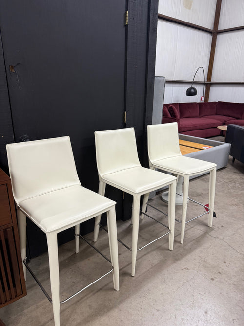 Set Of 3 Design Within Reach- Flag Bottega Italian Leather Counter Stools-Off White
