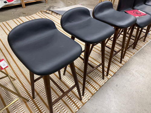 Set of 3 Sede Leather Bar Stools - Walnut and Black