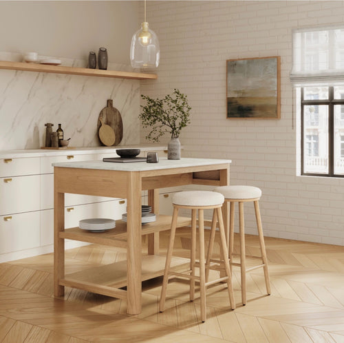 Set of 4 Nurmi Counter Stools - White Oak And Ivory Wool Bouclé