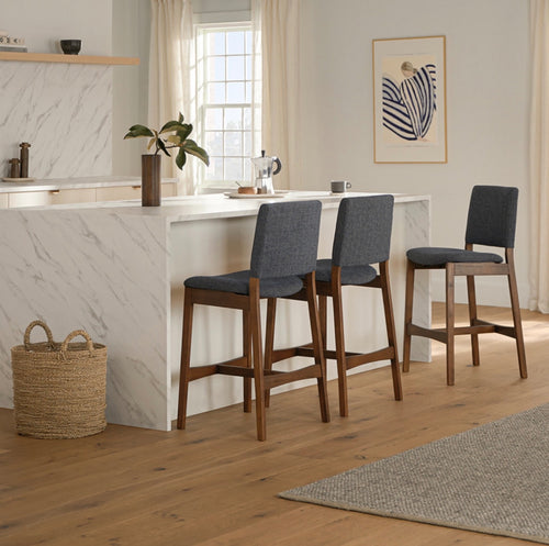 Set of 3 Nosh Counter Stools - Walnut And Denim Blue