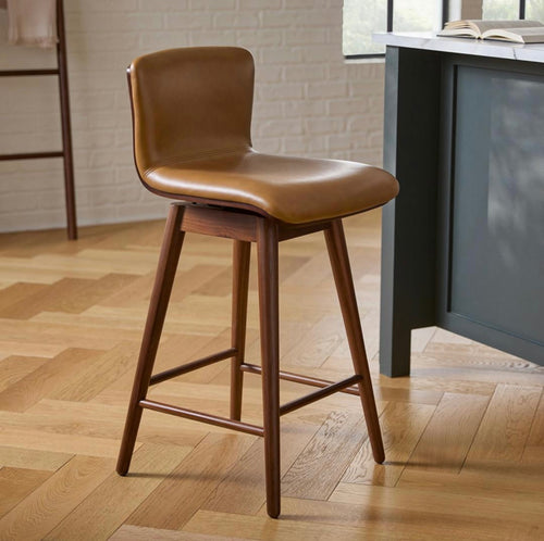 Set of 5 Sede Leather Swivel Counter Stools - Walnut And Toscana Tan