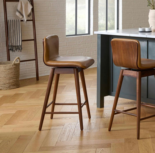 Set of 5 Sede Leather Swivel Counter Stools - Walnut And Toscana Tan