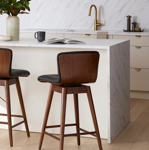 Set of 4 Sede Leather Swivel Counter Stools - Walnut And Black