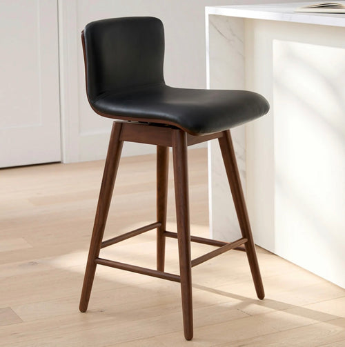 Set of 3 Sede Leather Swivel Counter Stools - Walnut And Black