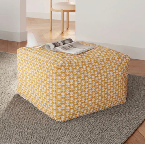 Priya 25.5" Pouf - Yellow Blockprint