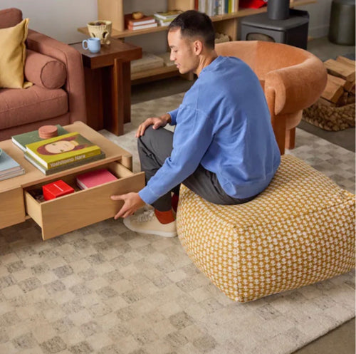 Priya 25.5" Pouf - Yellow Blockprint