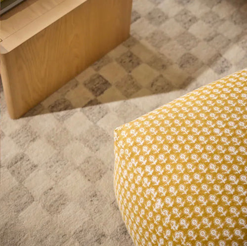 Priya 25.5" Pouf - Yellow Blockprint