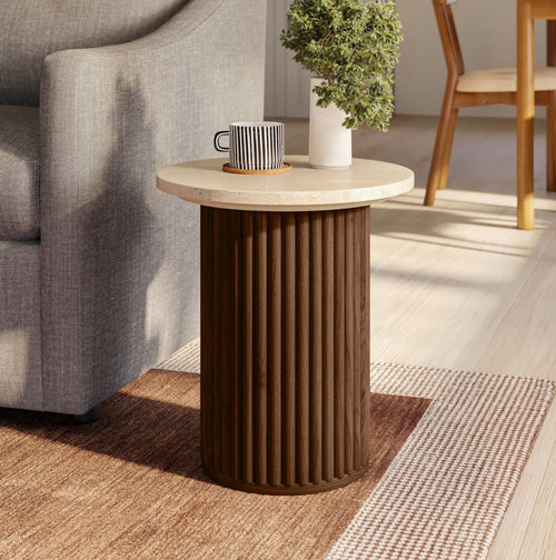 Tala Travertine Side Table - Walnut