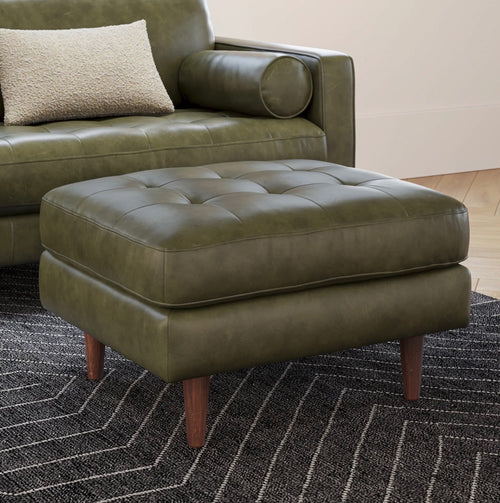 Sven 30" Tufted Leather Ottoman - Charme Green