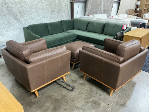 Pair of Timber 41" Leather Lounge Chairs & Ottoman Set - Charme Chocolat