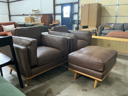 Pair of Timber 41" Leather Lounge Chairs & Ottoman Set - Charme Chocolat