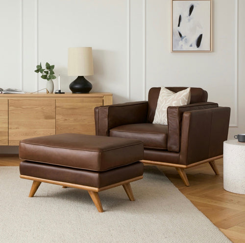 Pair of Timber 41" Leather Lounge Chairs & Ottoman Set - Charme Chocolat
