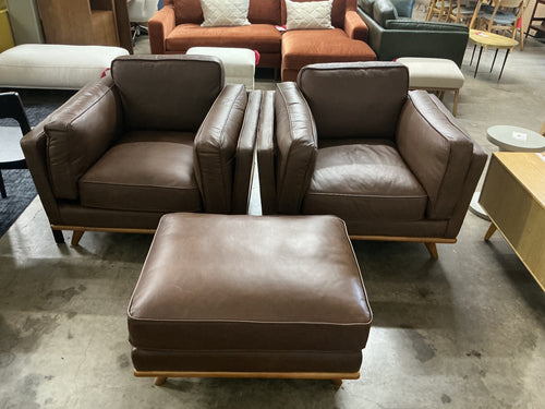 Pair of Timber 41" Leather Lounge Chairs & Ottoman Set - Charme Chocolat