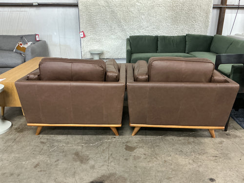 Pair of Timber 41" Leather Lounge Chairs & Ottoman Set - Charme Chocolat