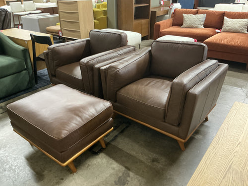 Pair of Timber 41" Leather Lounge Chairs & Ottoman Set - Charme Chocolat