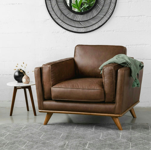 Pair of Timber 41" Leather Lounge Chairs & Ottoman Set - Charme Chocolat