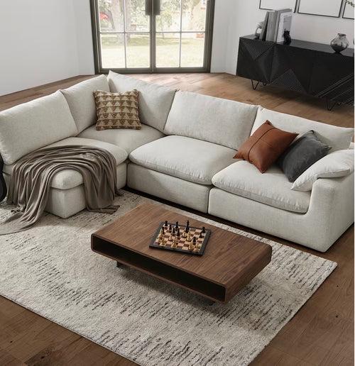Castlery Dawson Chaise Sectional Couch with Ottoman- Textured Linen Weave, Cream