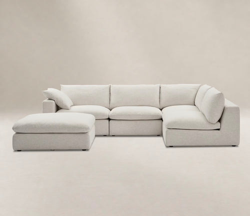 Castlery Dawson Chaise Sectional Couch with Ottoman- Textured Linen Weave, Cream
