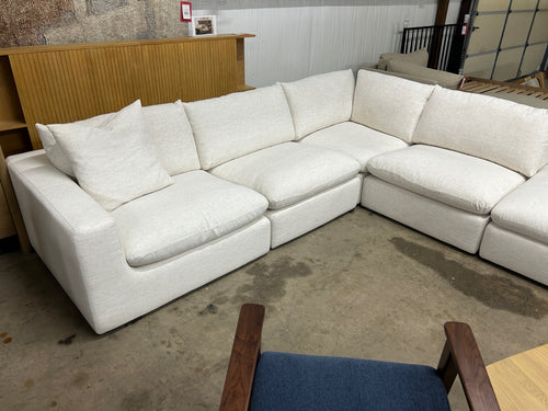 Castlery Dawson Chaise Sectional Couch with Ottoman- Textured Linen Weave, Cream