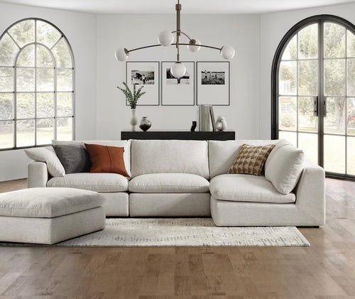 Castlery Dawson Chaise Sectional Couch with Ottoman- Textured Linen Weave, Cream