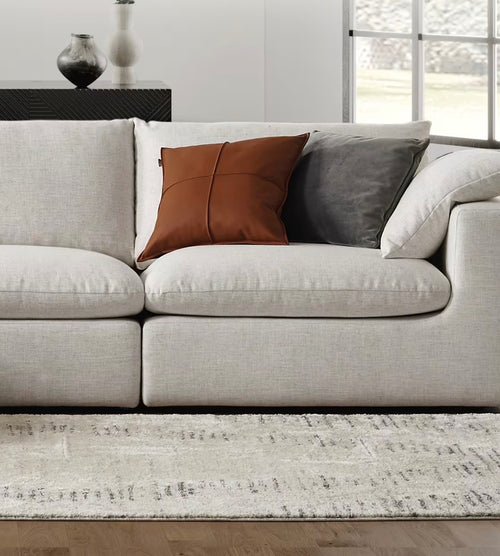 Castlery Dawson Chaise Sectional Couch with Ottoman- Textured Linen Weave, Cream