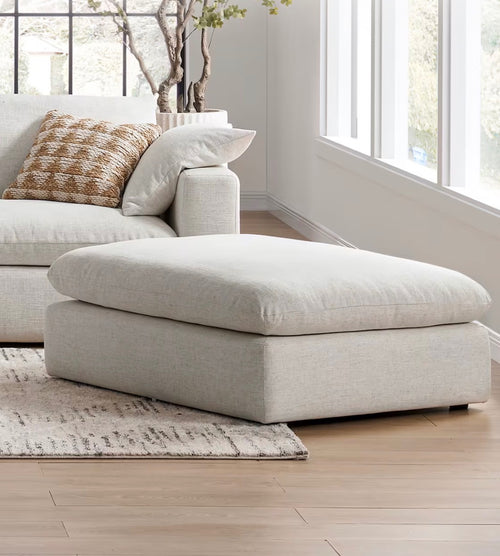 Castlery Dawson Chaise Sectional Couch with Ottoman- Textured Linen Weave, Cream