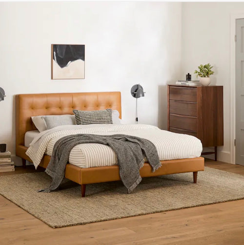 Sven Queen Tufted Leather Bed - Charme Tan