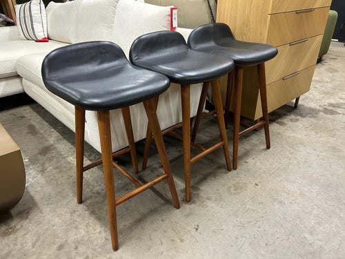 Set of 3 Sede Leather Counter Stools - Walnut & Black