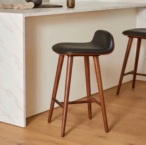 Set of 3 Sede Leather Counter Stools - Walnut & Black