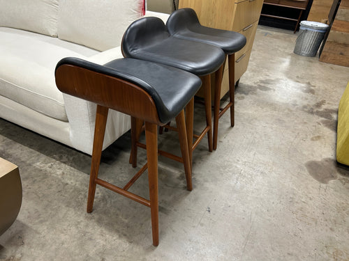 Set of 3 Sede Leather Counter Stools - Walnut & Black
