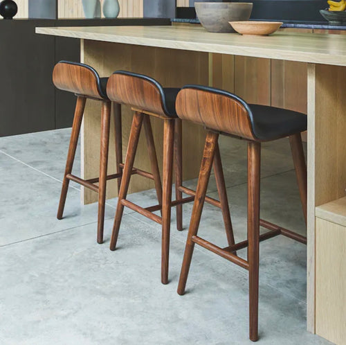Set of 3 Sede Leather Counter Stools - Walnut & Black