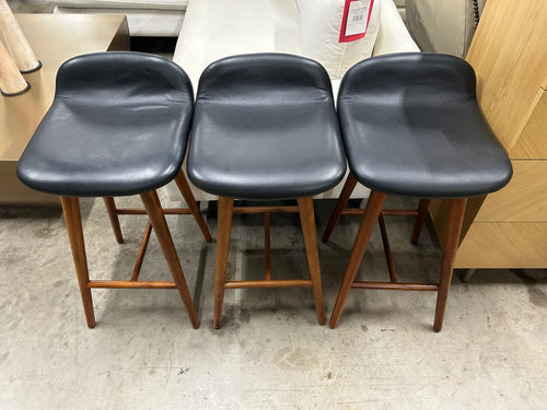 Set of 3 Sede Leather Counter Stools - Walnut & Black