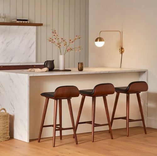 Set of 3 Sede Leather Counter Stools - Walnut & Black