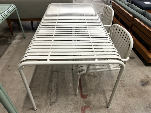 Sarek 67" Outdoor Dining Table & (2) Stackable Dining Armchairs - Taupe